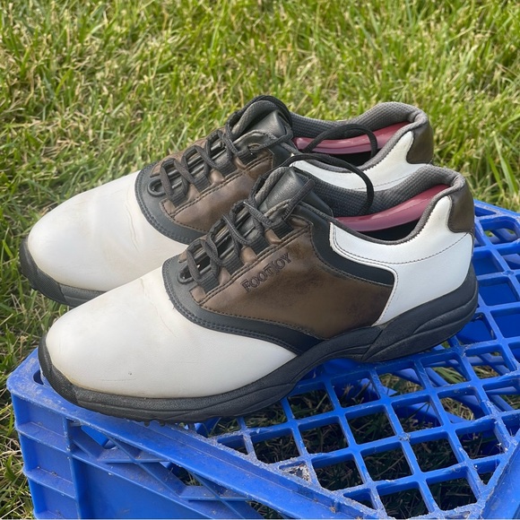 FootJoy GreenJoys Men’s 8.5 W White Brown Leather Soft Spike Golf Cleats 45516 - Picture 4 of 16